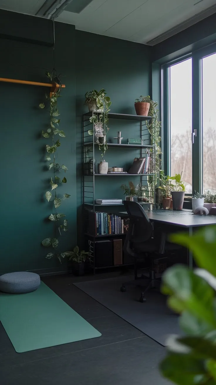 The dark green office combines a desk by the window and a yoga space, creating a moody yet fresh Japandi work-from-home environment.