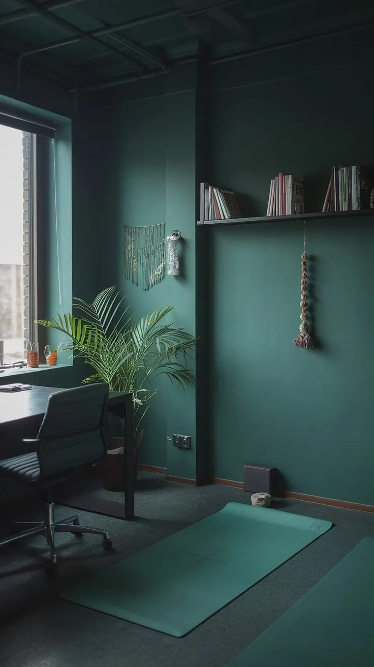 The dark green office, designed in Japandi style, includes a desk by the window and a yoga area, offering fresh vibes in a cozy workroom.