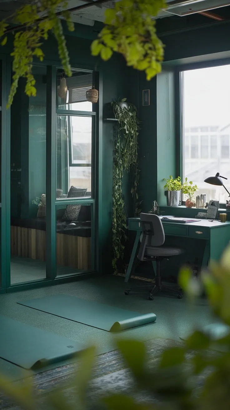 This dark green japandi home office features a desk next to a window and a dedicated yoga space, creating a moody yet fresh work-from-home environment.