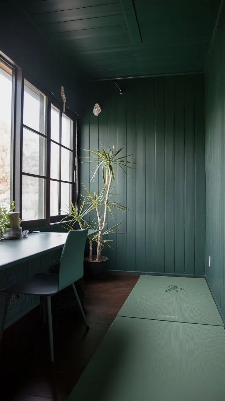 This dark green Japandi home office features a desk next to a window, a cozy yoga space, and fresh vibes from a potted plant, creating a moody yet inspiring work-from-home space.