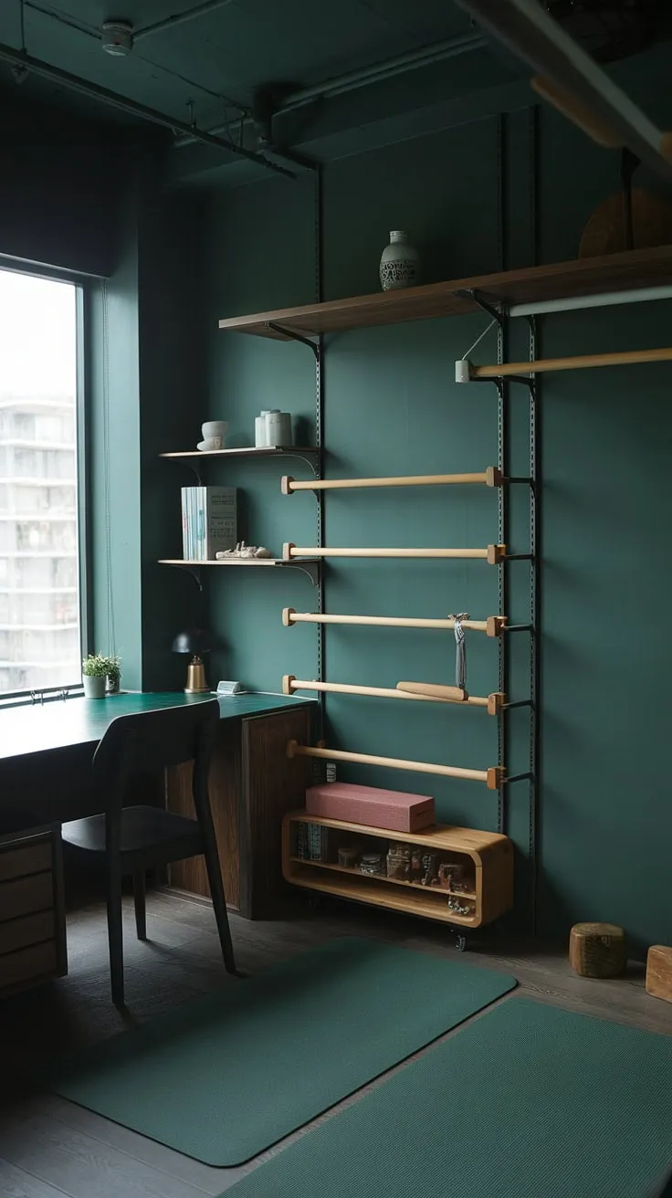 The dark green office, designed in Japandi style, includes a desk by the window and a yoga area, offering a fresh vibe for a productive workroom.