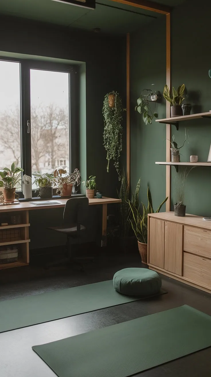 This dark green Japandi home office features a desk next to a window, a dedicated yoga space, and fresh vibes from wooden elements and plants.