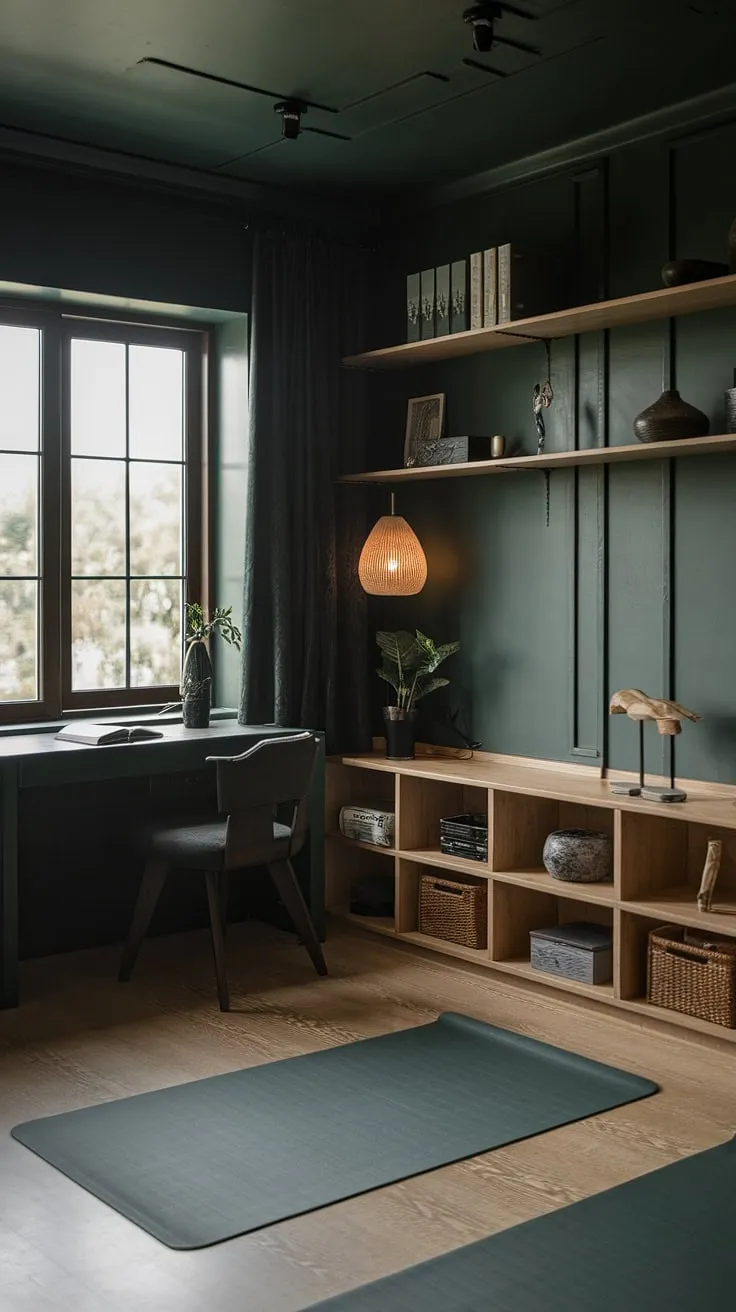 This dark green japandi home office features a desk next to a window and a dedicated yoga space, creating a moody yet fresh work-from-home environment.