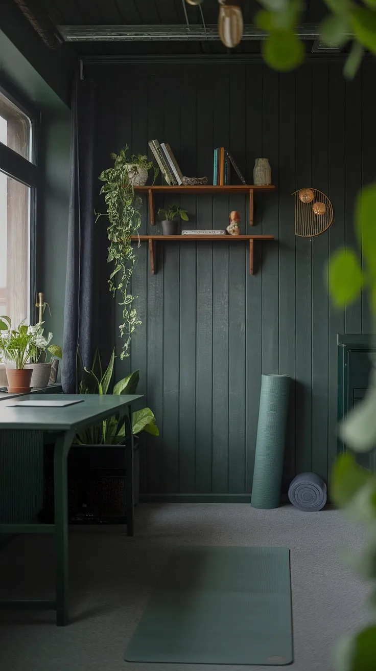 The dark green office combines a desk by the window and a yoga area, creating a moody japandi home office that inspires fresh vibes and innovative work from home space ideas.