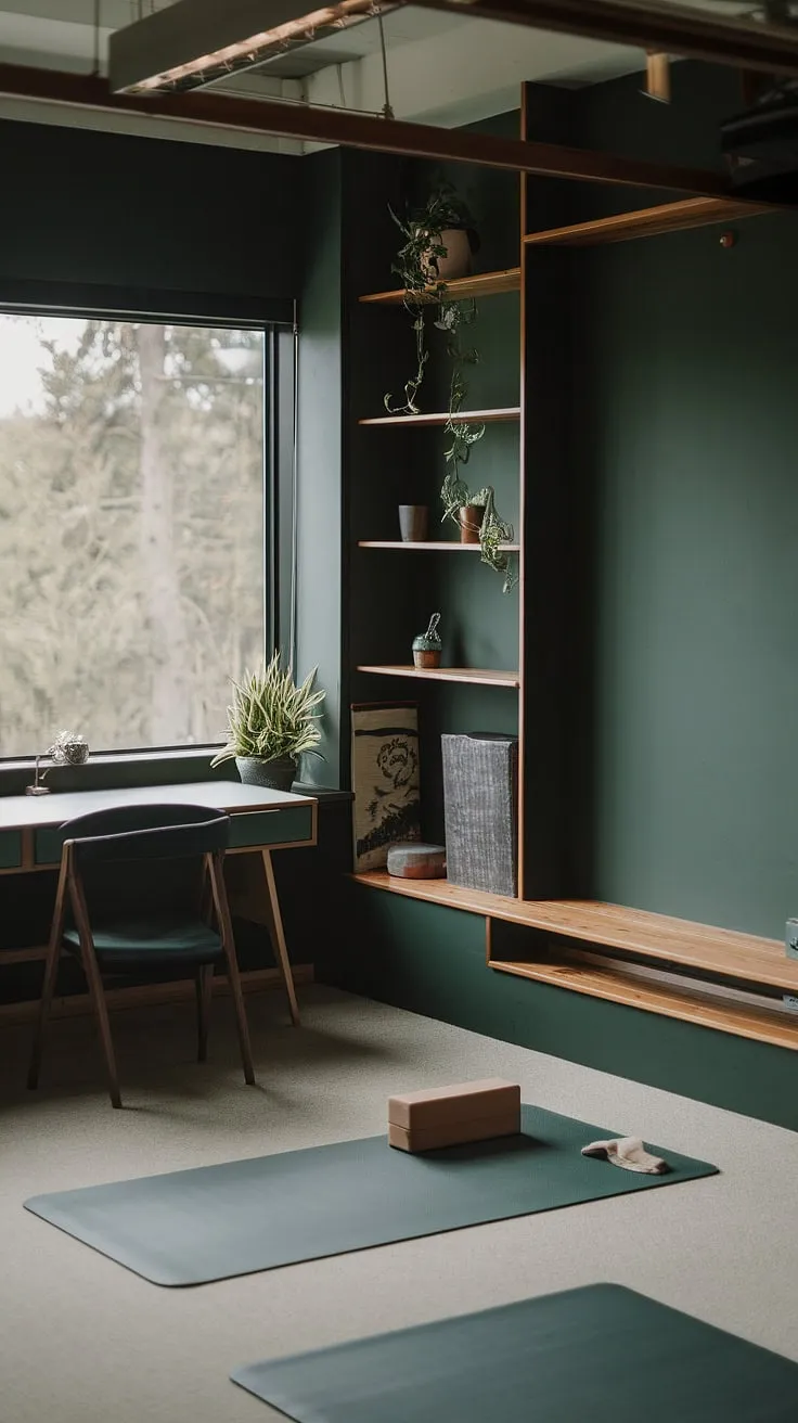 The moody work-from-home space combines a dark green office aesthetic with a yoga area, a desk by the window, and Japandi design for a refreshing workroom idea.