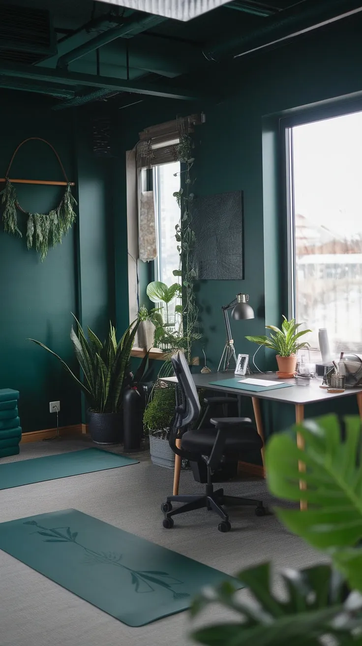 The dark green office combines a yoga space and a desk by the window, embodying Japandi style with its moody ambiance and fresh vibes.