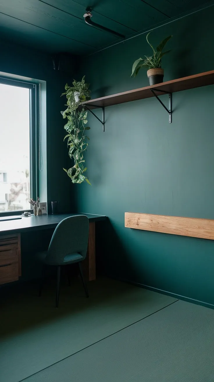 This dark green Japandi home office features a desk next to a window and a dedicated yoga space, creating a moody yet fresh work-from-home environment.