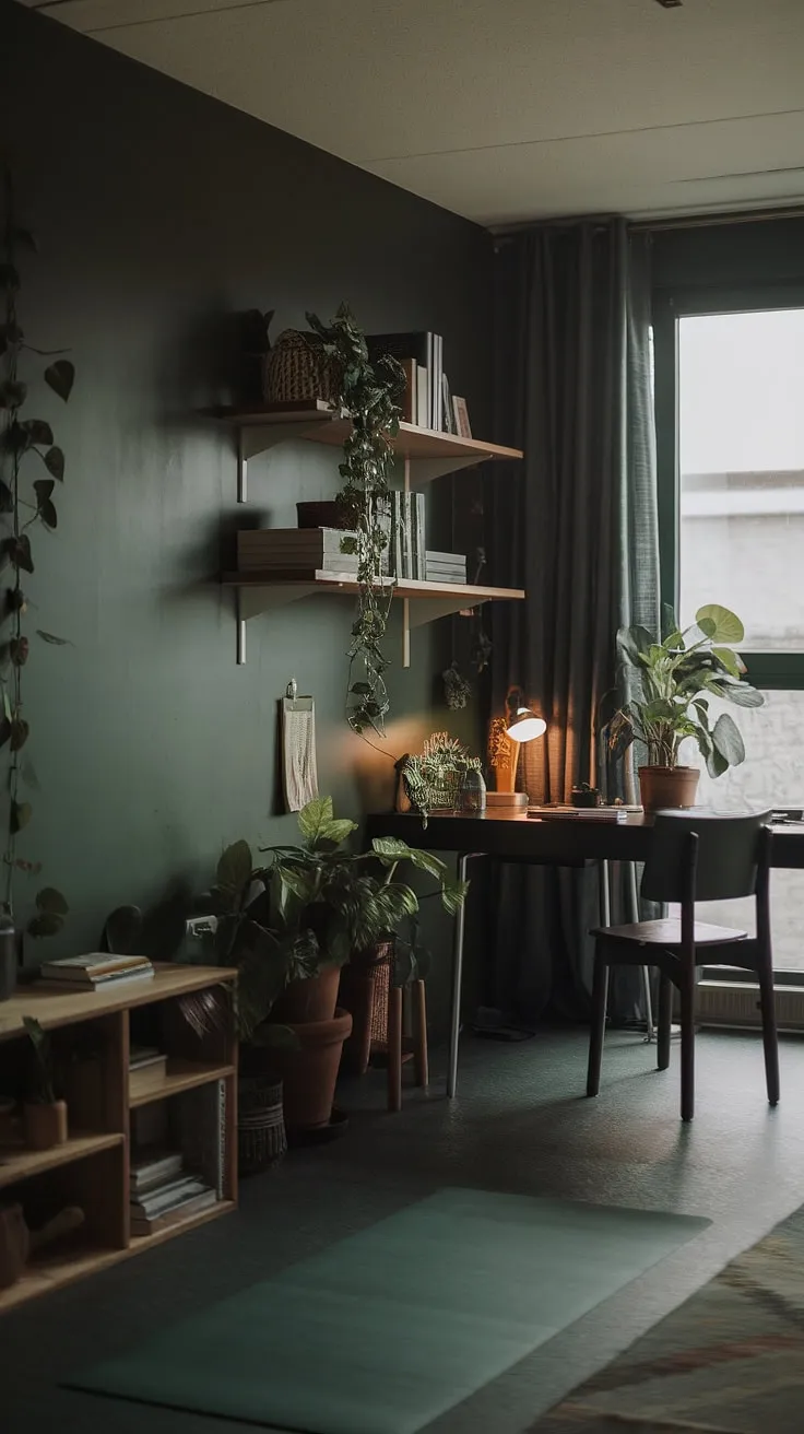 This dark green Japandi home office features a desk next to a window, a yoga space, and wooden elements that create fresh vibes in a moody work-from-home environment.