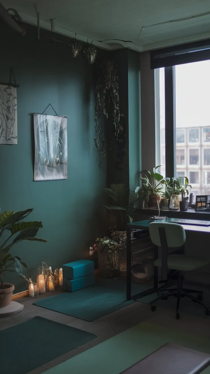 This dark green japandi home office features a desk next to a window, a dedicated yoga space, and fresh vibes from plants and artwork, creating a moody yet inspiring work-from-home space.