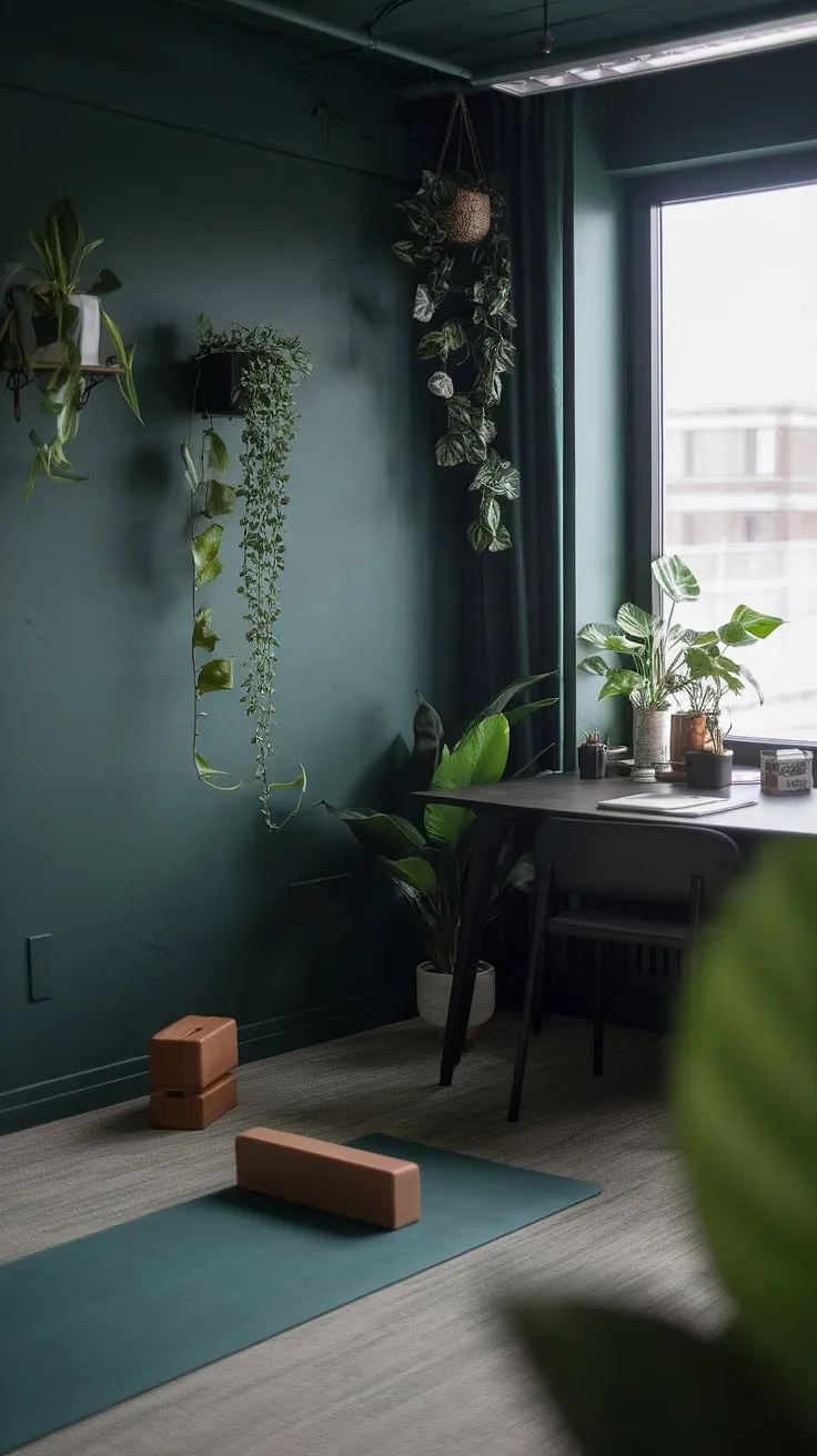 This dark green japandi home office features a desk next to a window, a yoga space, and plant-adorned walls, creating a moody yet fresh work-from-home atmosphere.