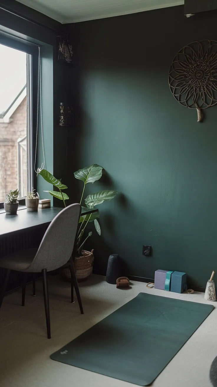 With its moody atmosphere, this dark green office combines a desk by the window and a dedicated yoga space, perfect for innovative workroom ideas in a Japandi home.