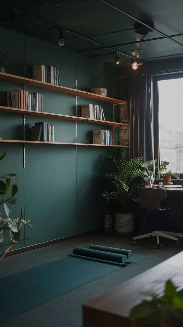 The dark green office combines a desk by the window, a yoga space, and Japandi elements to create a fresh and moody work-from-home sanctuary.