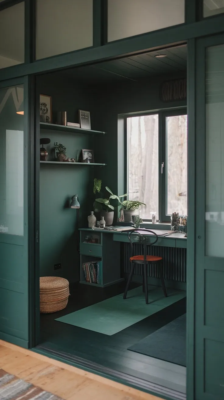 This dark green office with a desk by the window and a yoga area embodies Japandi style, offering a moody atmosphere and fresh vibes for an inspiring workroom.
