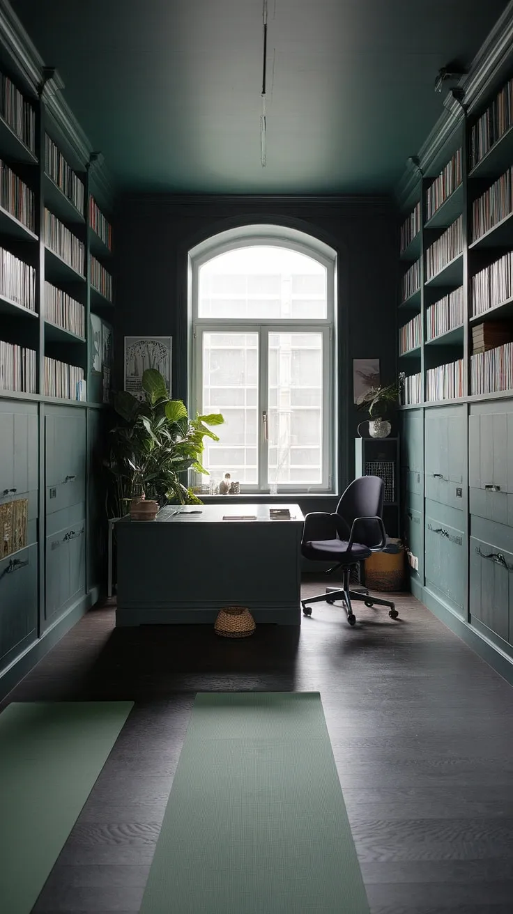 The moody dark green office, designed in japandi style, includes a desk by the window, a yoga space, and bookshelves, creating a fresh and inspiring workroom.