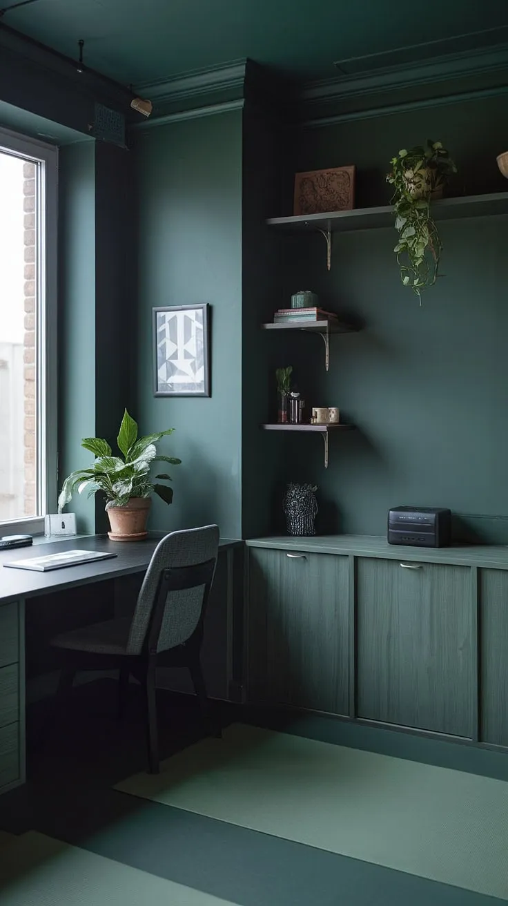 The moody ambiance of this dark green office with a yoga space and a desk by the window creates an inspiring work-from-home environment infused with japandi aesthetics.