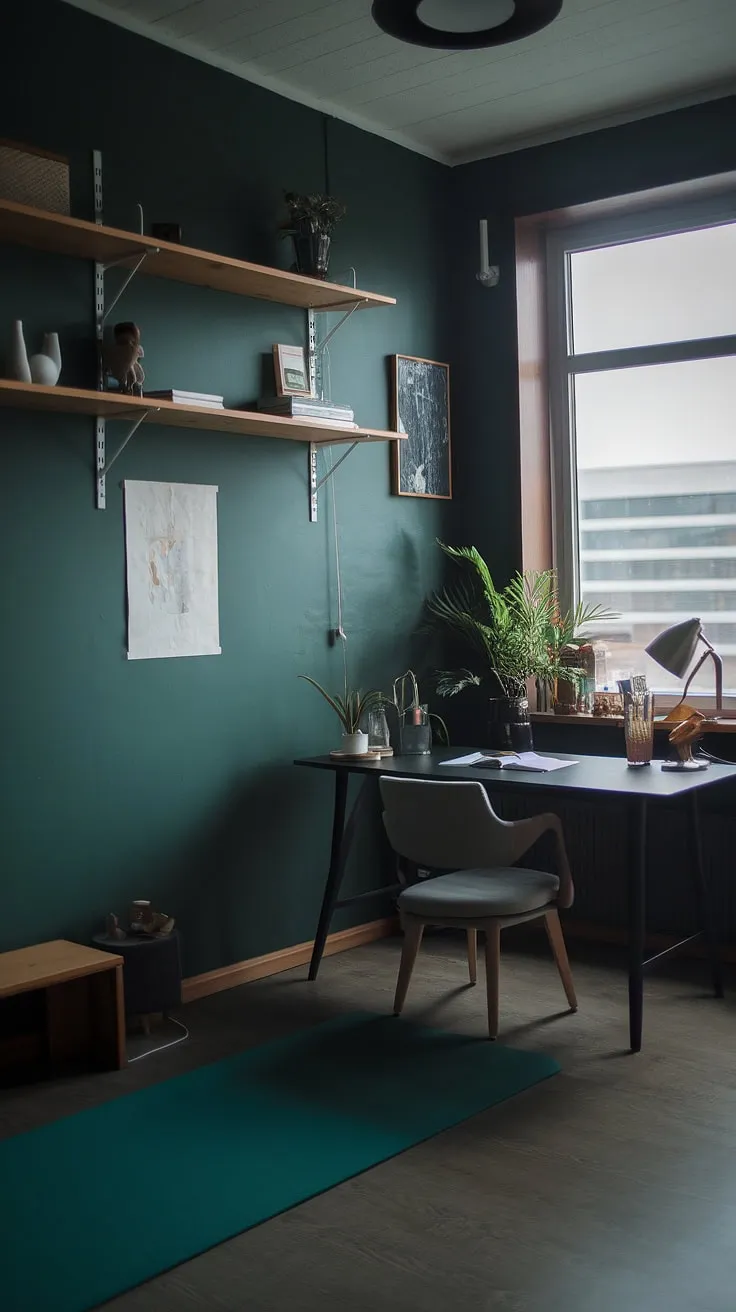 The moody atmosphere of this dark green office with a desk by the window and yoga area creates a perfect blend of functionality and tranquility for your workroom ideas.