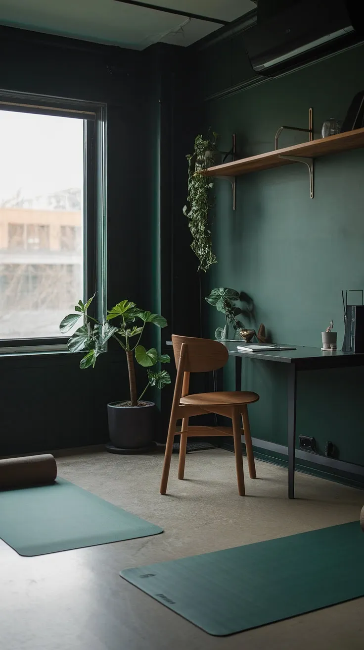 The moody ambiance of this dark green office with a yoga mat and a desk by the window creates a perfect blend of functionality and tranquility for your workroom ideas.