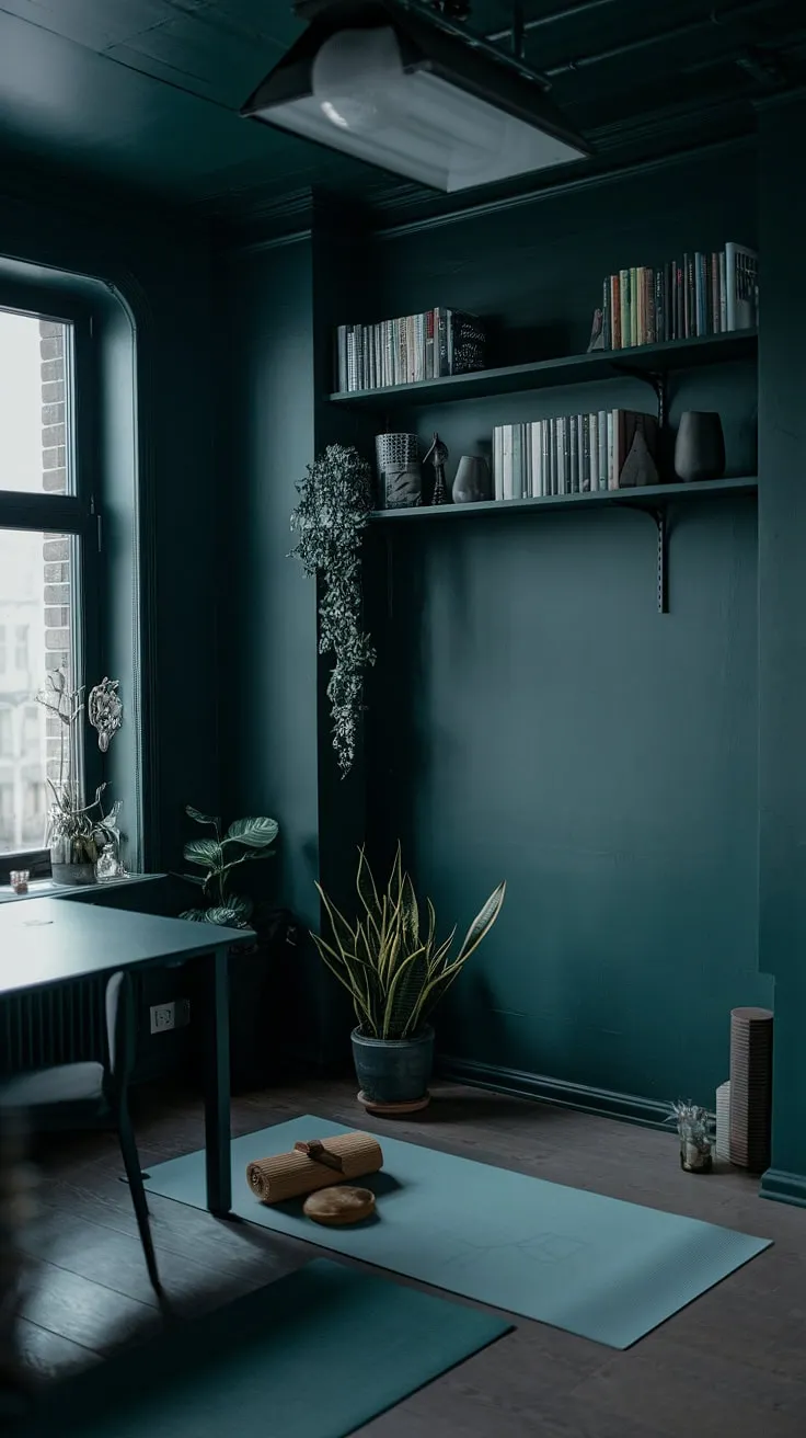 This dark green japandi home office combines a desk next to a window, a yoga space, and stylish decor to create an inspiring workroom filled with fresh vibes.