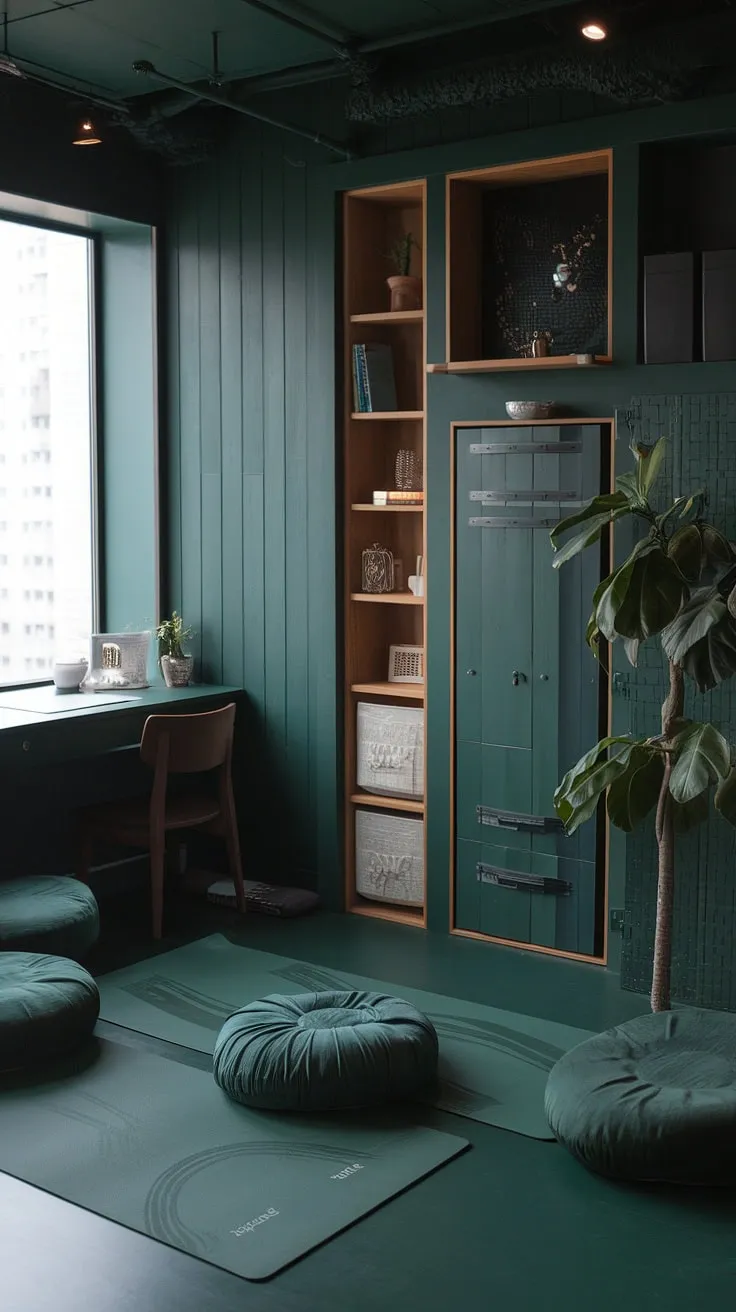 This dark green Japandi home office features a desk next to a window, a cozy yoga space, and wooden elements that create a moody yet fresh work-from-home atmosphere.