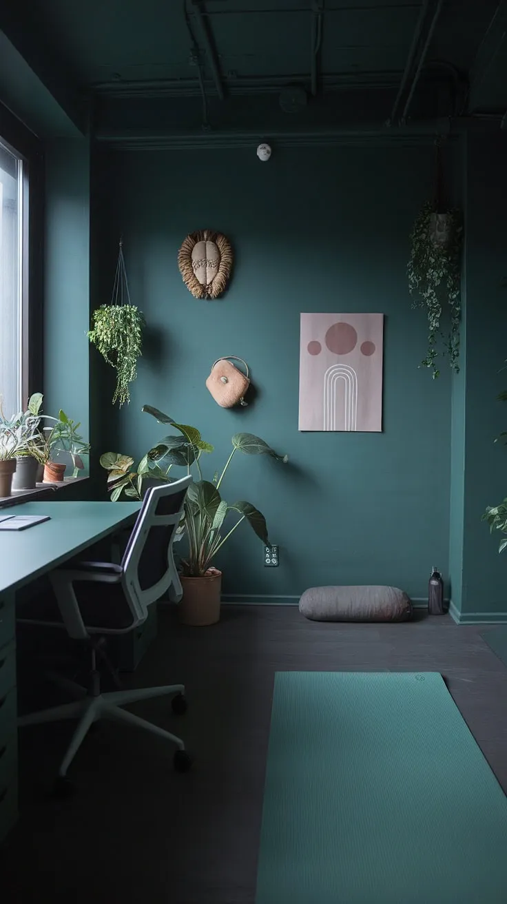 This dark green japandi home office features a desk next to a window and a yoga space, creating a moody yet fresh work-from-home environment filled with plants and minimalistic art.