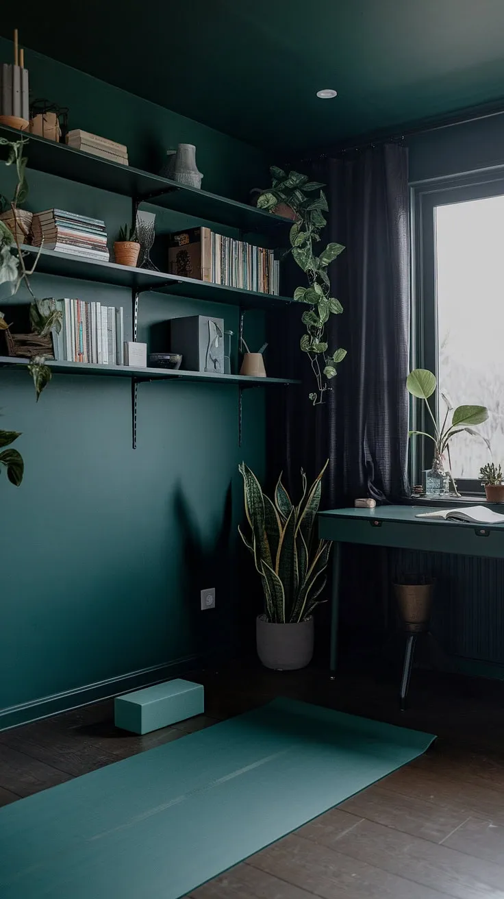 The moody dark green office, complete with a desk by the window and a yoga area, showcases Japandi design elements for a refreshing workroom idea.