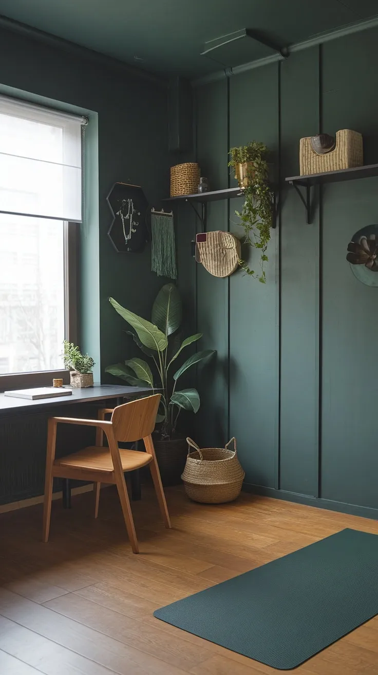 This dark green japandi home office features a desk next to a window, a yoga space, and fresh vibes from plants and soft lighting, making it an ideal work-from-home space.