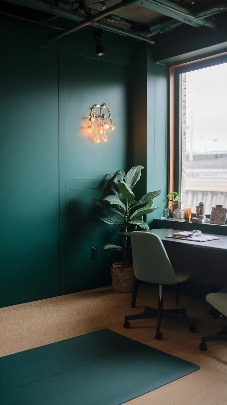 This dark green japandi home office features a desk next to a window and a dedicated yoga space, creating a moody yet fresh work-from-home environment.