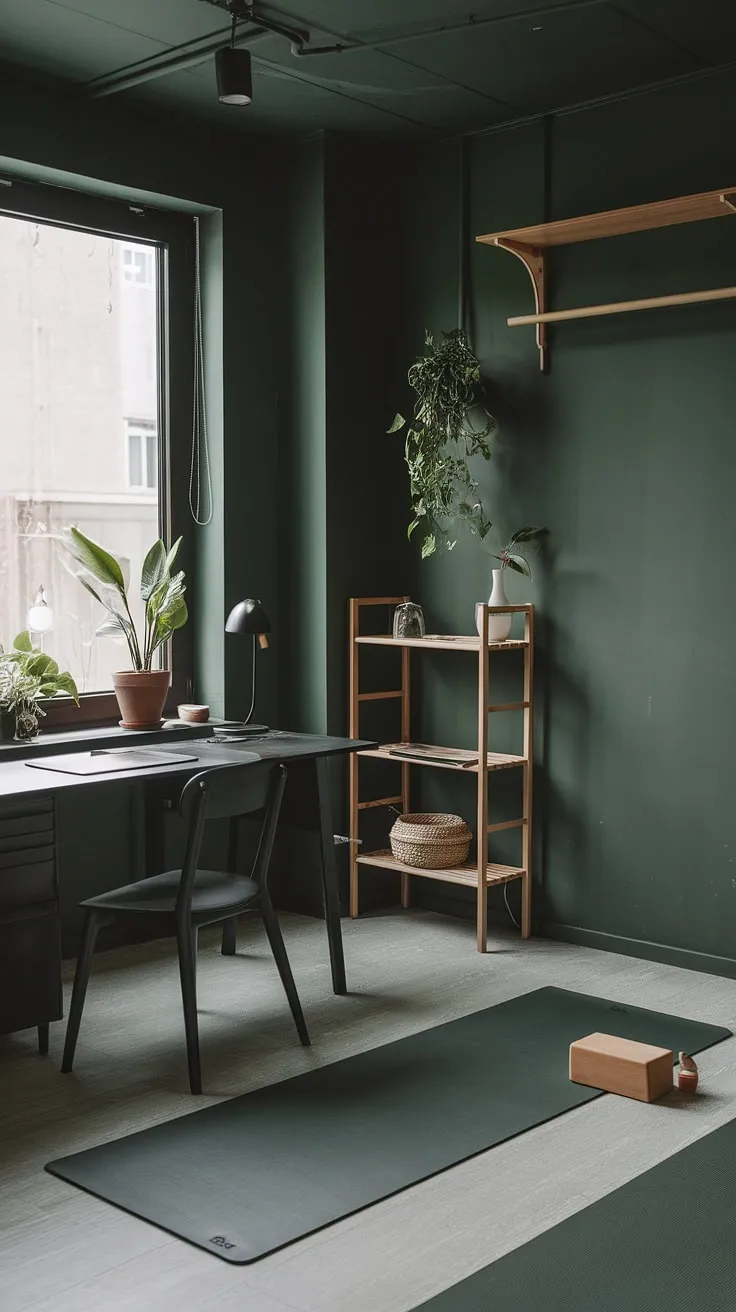 The moody work-from-home space combines a dark green office aesthetic with a yoga area, creating a harmonious environment for productivity and relaxation.