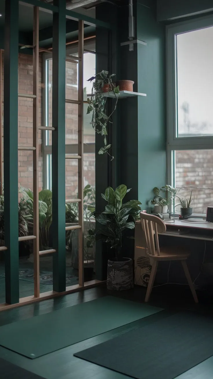 The dark green office combines a yoga space and a desk by the window, creating a moody Japandi workroom with fresh vibes from its wooden decor and greenery.