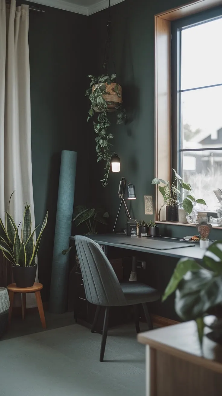 The home office showcases a dark green wall, a desk by the window, and a yoga mat, creating a moody yet fresh Japandi workroom ideal for productivity.