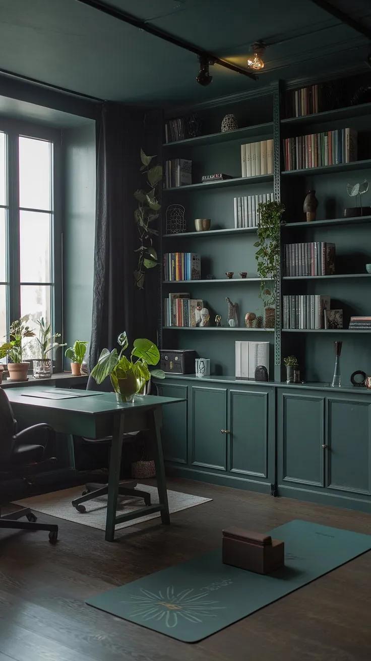 The dark green office combines a desk by the window, a yoga area, and a moody atmosphere, creating an inspiring work-from-home space with japandi aesthetics.