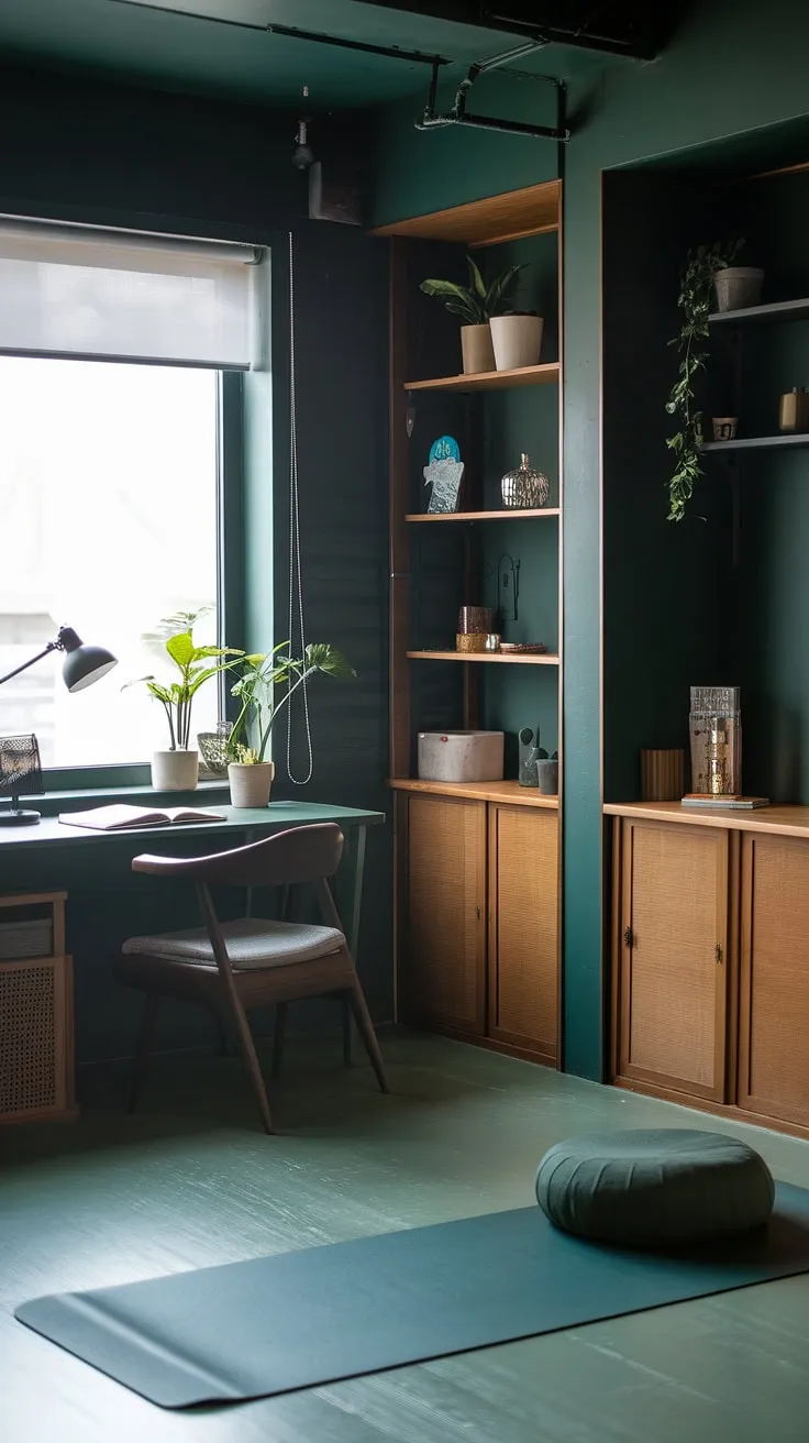This dark green japandi home office features a desk next to a window, a cozy yoga space, and fresh vibes from wooden elements, creating an inspiring work-from-home space.