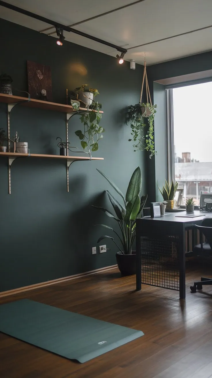 The moody work-from-home space combines a dark green office aesthetic with a yoga area and a desk by the window, creating a refreshing japandi atmosphere.