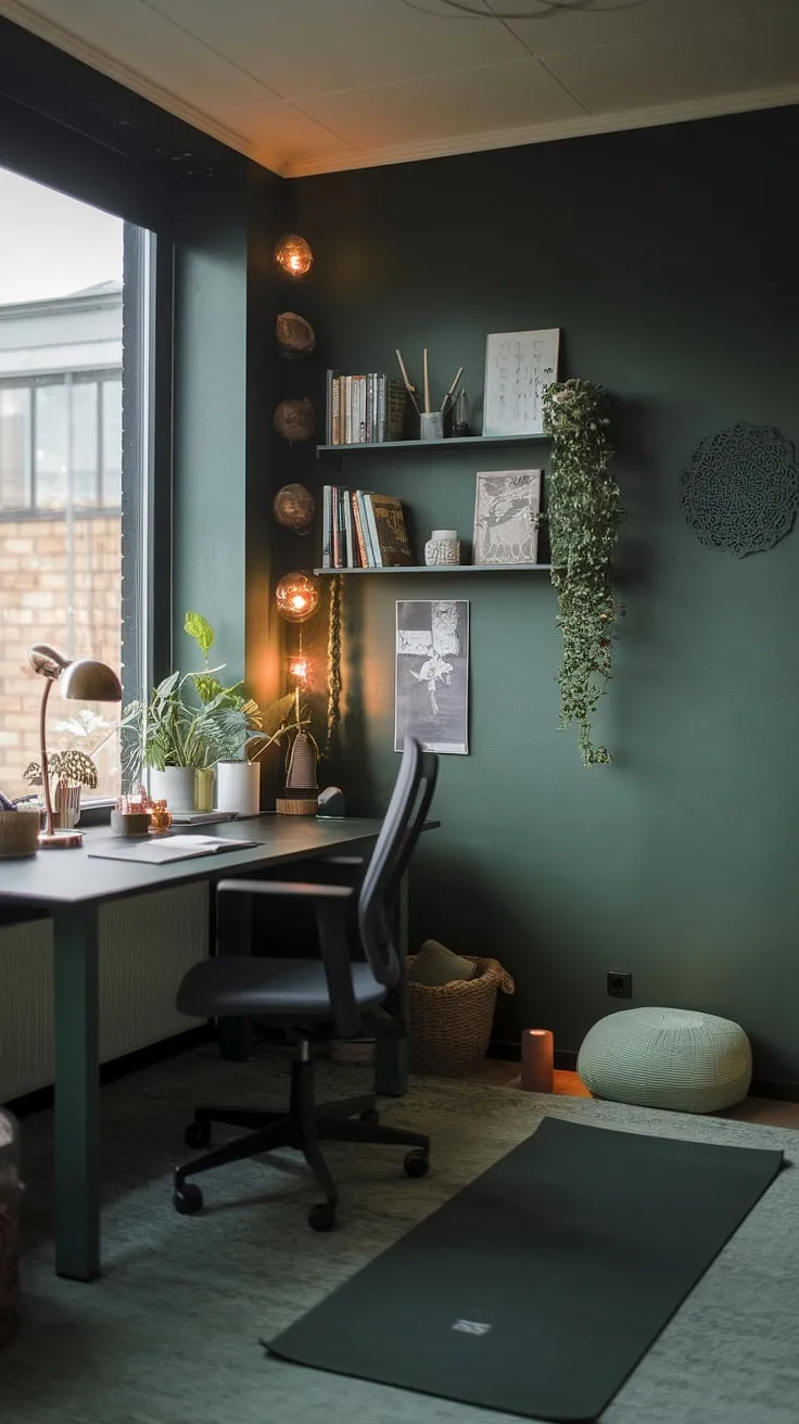 The dark green office combines a desk by the window, a dedicated yoga space, and Japandi aesthetics to create a fresh and moody workroom ideal for a stylish home office.