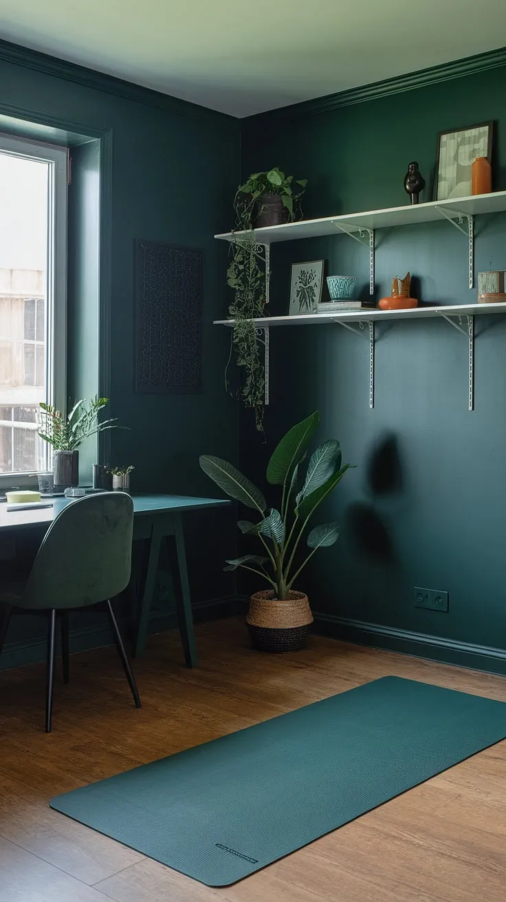 The moody ambiance of this dark green office, complete with a yoga area and a desk by the window, offers fresh vibes and innovative workroom ideas for a stylish home office.