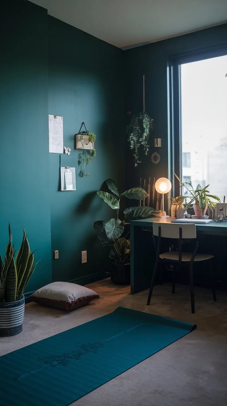 This dark green japandi home office features a desk next to a window, a dedicated yoga space, and fresh vibes that create an inspiring work-from-home atmosphere.