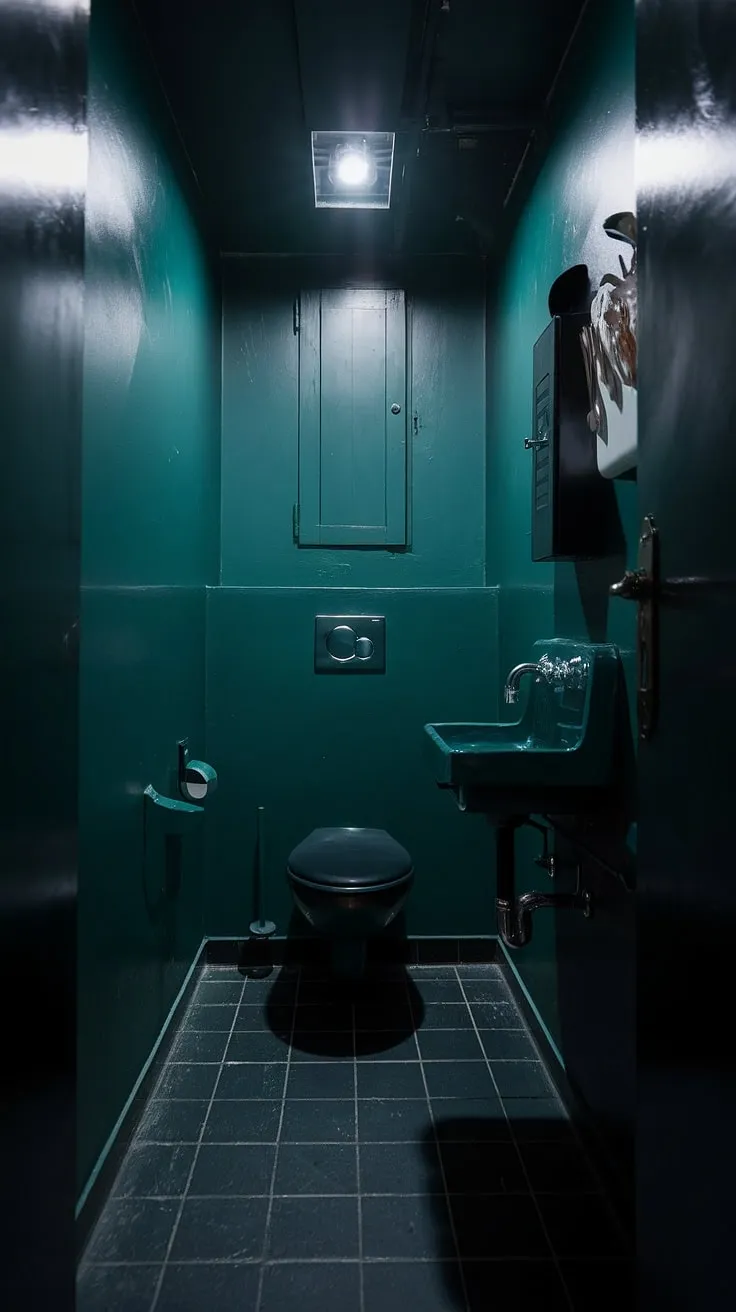 A dark green bathroom doesn't have to be gloomy. This small dark bathroom, a perfectly formed small toilet room, showcases how a dark small bathroom can be both stylish and surprisingly spacious with the right decor.