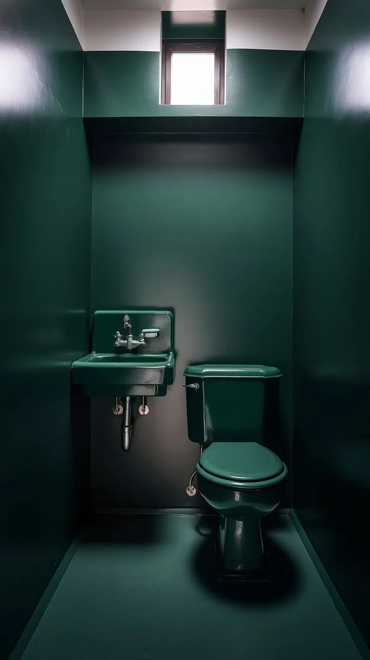 Moody bathroom vibes in this small dark bathroom. The dark green bathroom's compact design makes the most of the space, a perfect example of small toilet room decor.