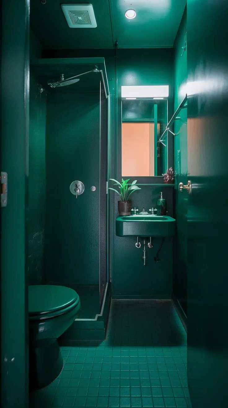 Transforming a small dark bathroom into a sophisticated, dark green sanctuary. Toilet room decor doesn't get more dramatic.