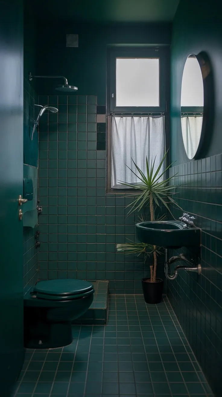 A moody escape in this dark green bathroom. The small dark bathroom's intimate space, complete with a small toilet room and thoughtful plant, offers a surprisingly calming retreat. Dark bathroom design at its finest.