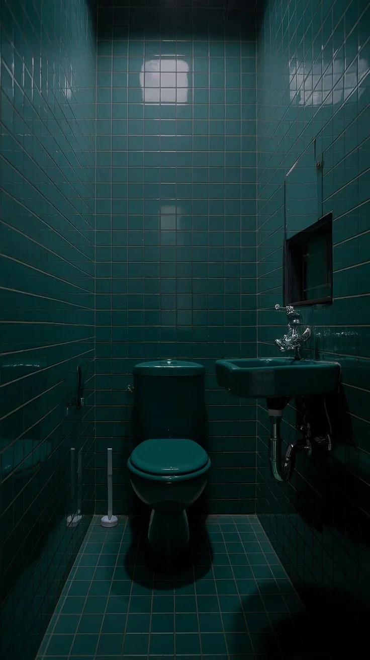 This small dark bathroom, with its dark green hue, is a study in understated elegance. The dark green bathroom's limited space is cleverly maximized, making the small toilet room feel both cozy and sophisticated. The dark bathroom's soft lighting and simple fixtures contribute to its moody atmosphere, a testament to thoughtful toilet room decor in a small, dark bathroom.