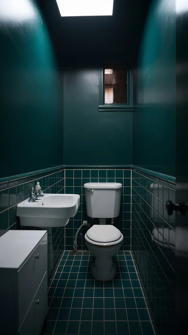 This moody bathroom proves that even a small dark bathroom can be stylish. The dark green bathroom's intimate atmosphere is enhanced by the simple white fixtures and checkered floor. A perfect example of small toilet room decor in a dark bathroom.