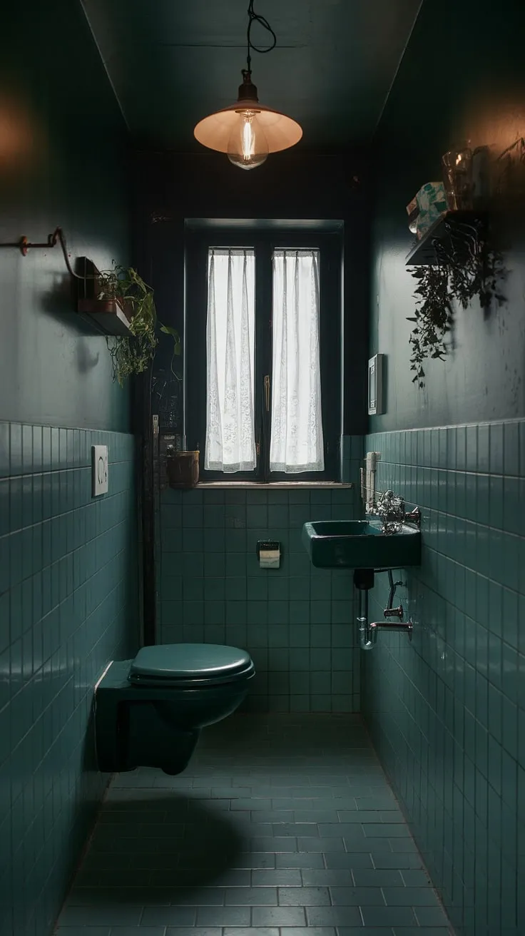 Seclusion redefined: This dark small bathroom, a small dark bathroom sanctuary of moody green, proves that even a small toilet room can be a haven of sophisticated toilet room decor.