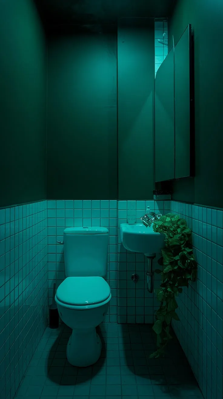 This small dark bathroom proves that even a tiny toilet room can be a sanctuary. The dark bathroom's dark green hue and soft lighting make it a truly moody bathroom.