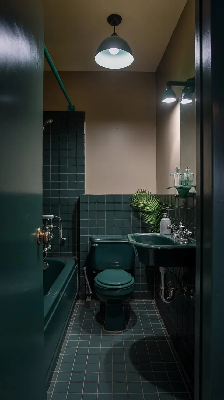A small dark bathroom, transformed into a dark green bathroom haven. The dark bathroom's limited space is maximized with a cohesive color scheme, creating a surprisingly spacious feel. The dark green fixtures and flooring contribute to the moody bathroom atmosphere, while a small plant provides a welcome contrast. This small toilet room decor showcases how even the smallest toilet room can be stylish and inviting.