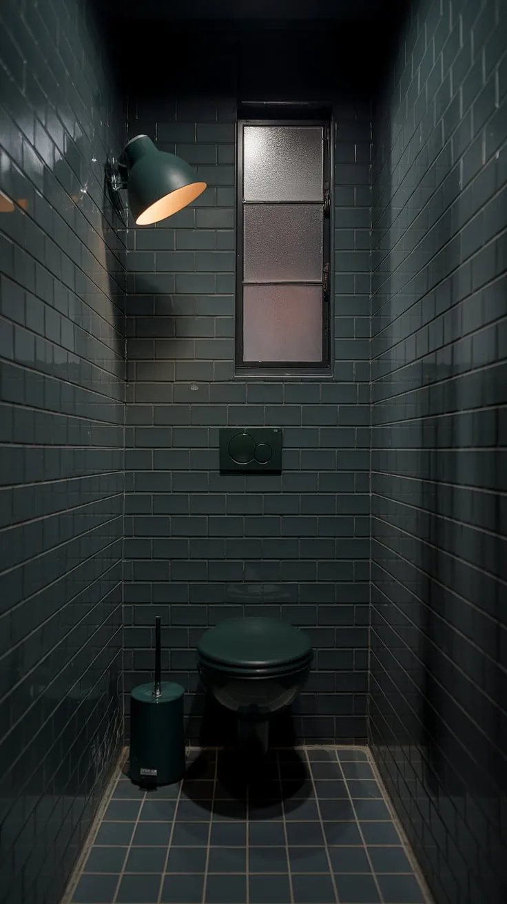 A moody bathroom, where the dark green accents contrast beautifully against the grey tiles. This small dark bathroom proves that even a small toilet room can be a sanctuary of stylish, dark bathroom decor.
