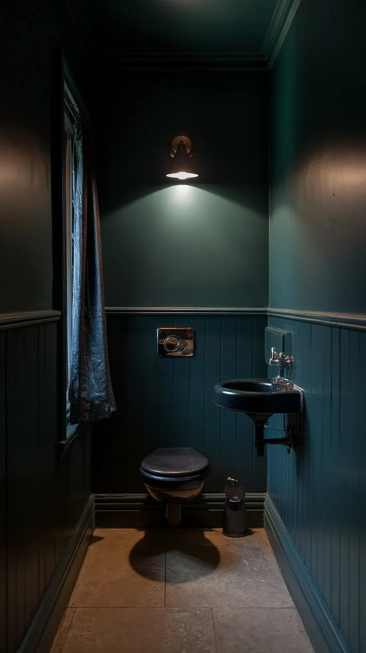 This dark green bathroom, though small, exudes a sophisticated charm. The dark small bathroom's limited square footage is cleverly maximized, with a small toilet and sink forming a functional yet stylish space. The beige tiled floor and a single wall lamp create a moody bathroom ambiance, while a partially visible window with a curtain adds a touch of softness to this small dark bathroom's design. The overall effect is a surprisingly spacious and elegant toilet room decor.