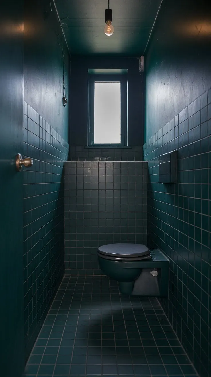 This small dark bathroom, a study in understated elegance, features dark green tiles that envelop the small toilet room. The dark green bathroom's moody atmosphere is enhanced by a single light source and a high-set window, creating a sense of quiet privacy. The toilet room decor is minimalist, focusing on the rich, dark green hues of this dark small bathroom.