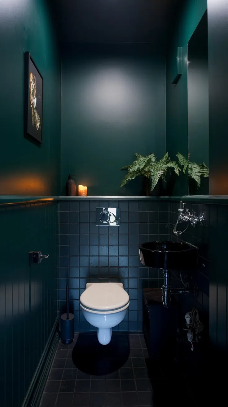 This small dark bathroom, with its dark green walls and black fixtures, proves that even a small toilet room can be a sanctuary. The dark bathroom's moody atmosphere is unexpectedly inviting, a testament to clever small dark bathroom design.