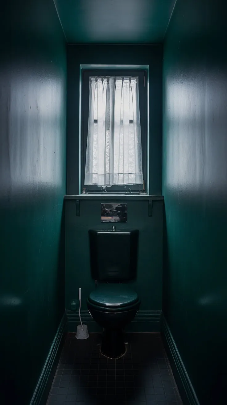 The moody atmosphere of this small dark bathroom is enhanced by the deep green walls and dark tile floor. A small shelf above the toilet adds a touch of practicality to this intimate, small toilet room, while the sheer white curtain at the window softens the otherwise dark bathroom's ambiance. This small dark bathroom is a testament to stylish toilet room decor.